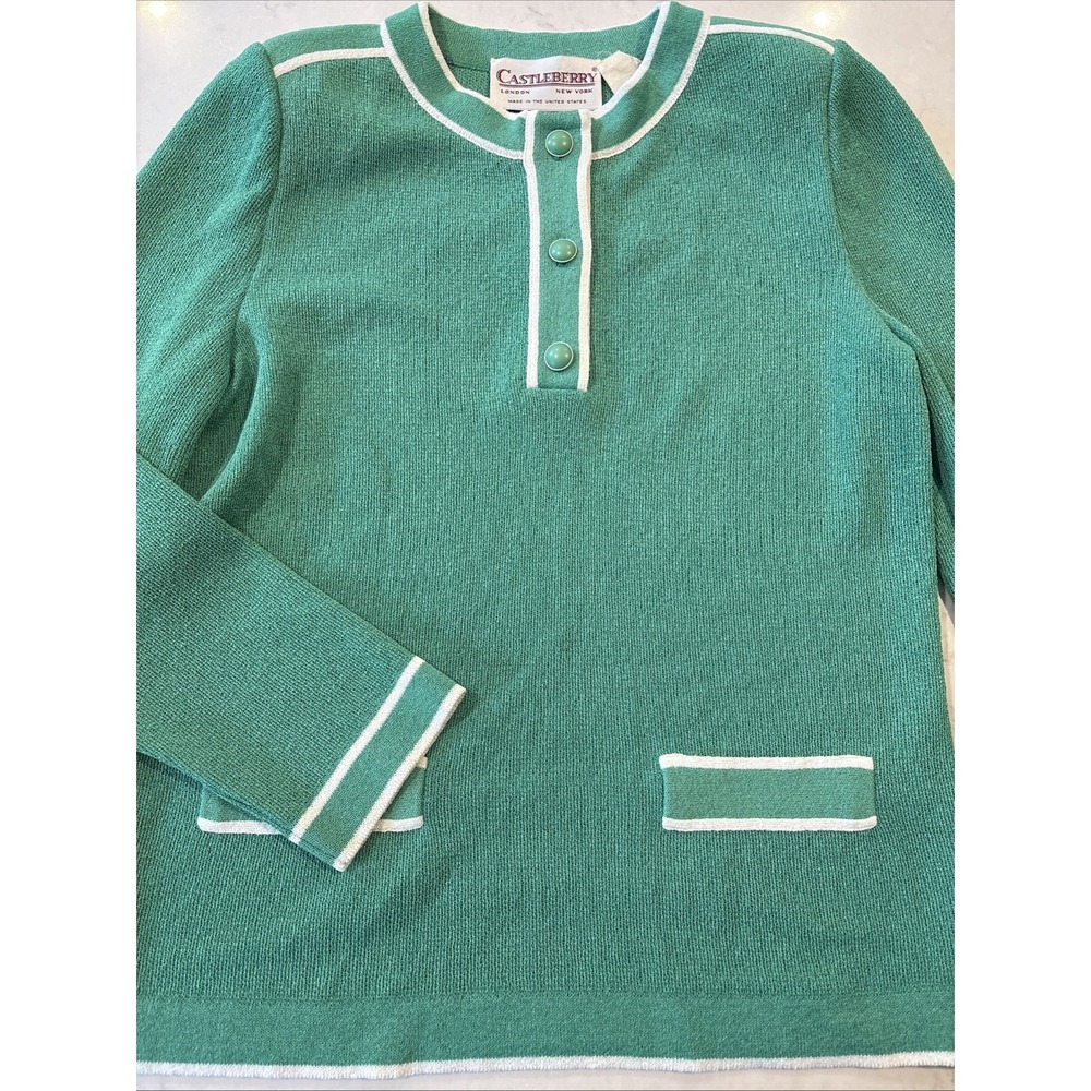 Vtg Castleberry Knit Top Womens 10 Teal Green Long Sleeves 1/2 Button Up Sweater